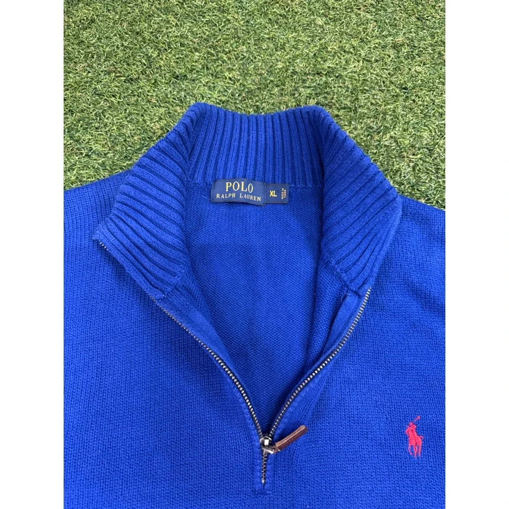 Polo Ralph Lauren Mens XL Blue Quarter‎ Zip Sweater Red Pony Logo Cotton Knit